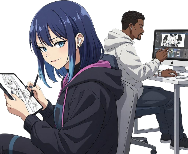 Sweeten your workflow anime style, 1girl, 1boy, working on Sketches and Animations while listening to Music via Spotify